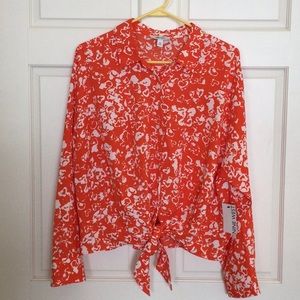 COPY - Nine West Orange button down blouse with tie. Size XXL NWT